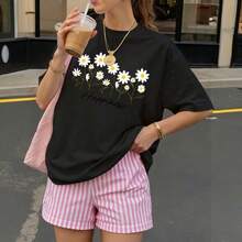 Black Oversized T-shirt, 1 pcs Daisy Flowers And Happiness Text Print 180g Pure  Heavy 100% Polyester T Shirt - Negro - Ver 3