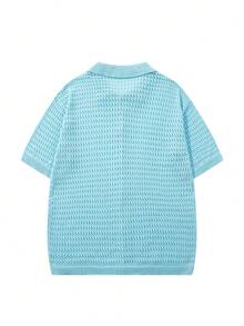 Men's Unisex Knit Polo Shirt, Street Casual Business Commute Versatile Turn Collar Mesh Loose Short Sleeve Solid Color Cardigan Knit Top - Blue - View 5