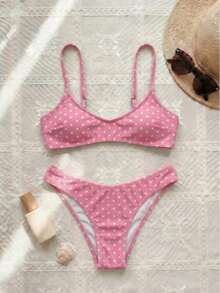 Adjustable Strap V-Neck Polka Dot Sexy Bikini Set, Bohemian Style For Beach Vacation - Multicolor - View 2