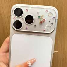 奢华闪耀钻石粉色樱花叶透明镜头膜，适用于苹果17 Pro Max/17 Pro，女士时尚全包镜头保护套，持久保护办公家用手机摄像头，防水、防震、防摔、防刮擦 - 粉紅色櫻桃鏡頭膜 - 查看 7