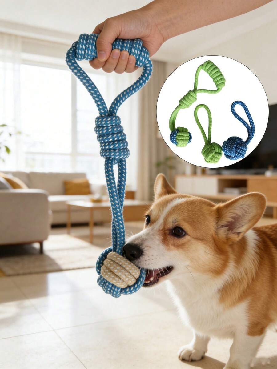 1条蓝绿色互动拔河玩具绳,适合小型和中型犬,有助于清洁牙齿,经久耐用,室内/室外均可玩耍,是送给爱狗人士的理想复活节礼物。 - 彩色 - 查看 1