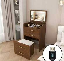 3-In-1 Dressing Table With Open Mirror / Small Dressing Table Set / With Clear Glass Tabletop / Space-Saving Design / Suitable For Small Rooms, Apartments And Bedrooms - Walnut Wood - View 11