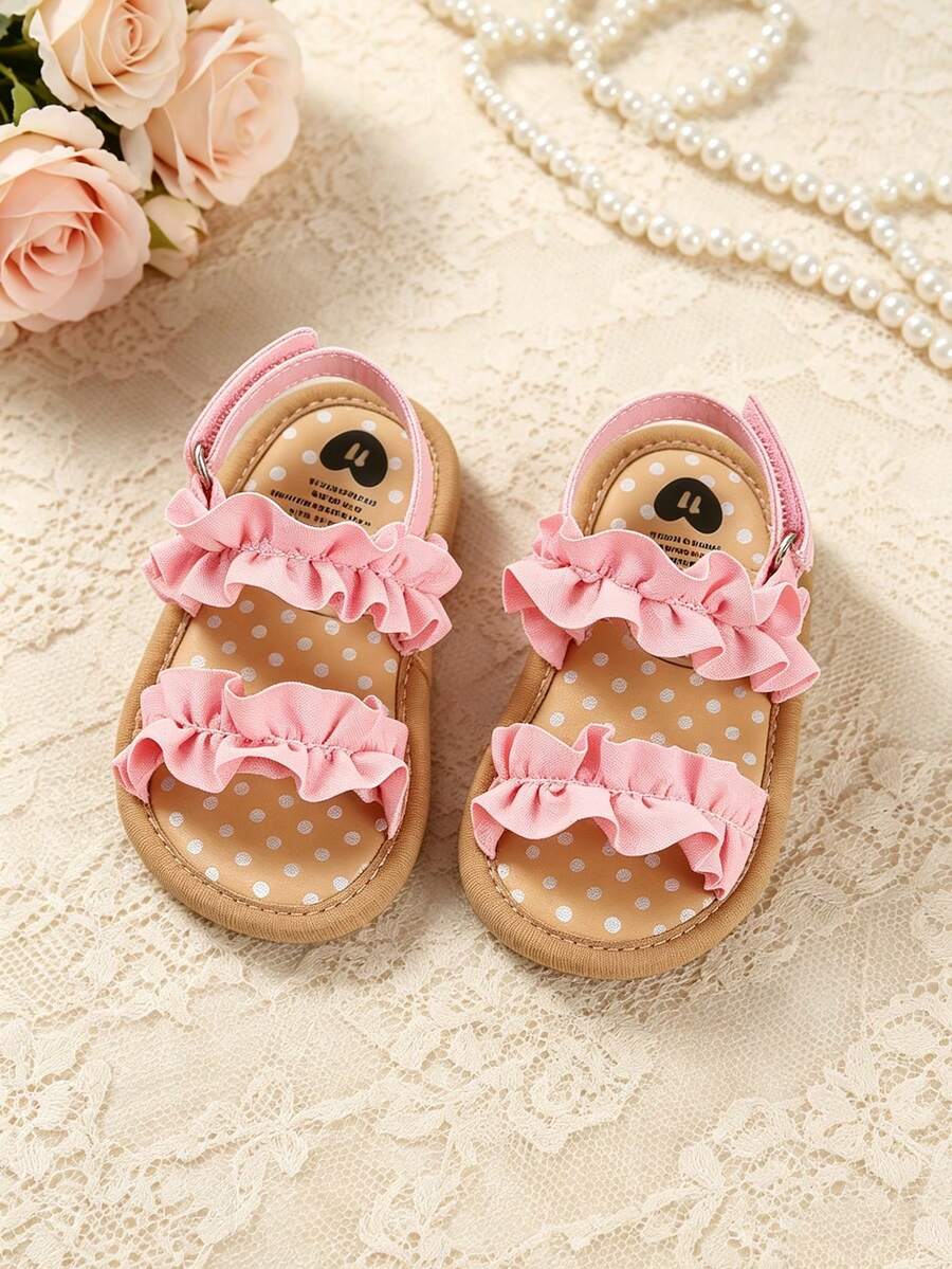 Newborn Infant Girls' Summer Ruffled Open Toe Sandals, Cute Princess Soft Bottom Non-Slip Toddler Shoes, Suitable For Newborns, Babies, Kindergarten, Beach Party, Daily Wear