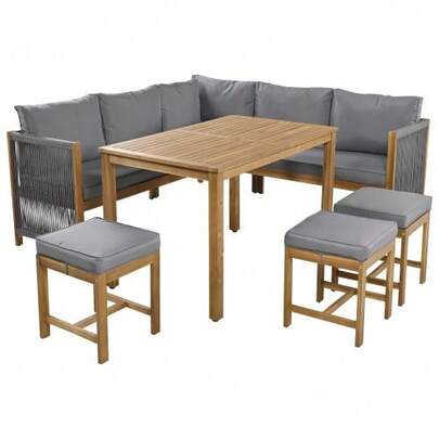 Garden Dining Set, Garden Furniture Set With Cushions, Corner Sofa, Polyrattan Lounge, Balcony Set, Outdoor Table And Chair Set For 7-8 People, With Sofa, 3 Stools And 1 Table, Acacia, Beige+Natural