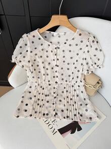 Áo kiểu nữ GMFP thanh lịch, cổ chữ V, dáng rộng, chất liệu mỏng nhẹ, họa tiết chấm bi, thích hợp cho mùa xuân/hè, du lịch, dự tiệc, Ngày của Mẹ. Màu trắng. - trắng - Xem 5
