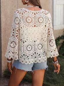 Women's Bohemian Style Crochet Knit Top, Hollow Out Ruffle Hem Half Sleeve Round Neck, Asymmetric Hem, Suitable For Summer & Autumn - Apricot - View 2