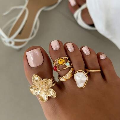 5 قطع/مجموعة خواتم أصابع القدم معدنية بنمط بوهيمي بنجوم البحر والزهور، قابلة للتعديل، مناسبة للاستخدام اليومي للنساء، الحفلات، العطلات، اكسسوارات العطلات