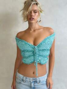 Y2K Women's 3D Butterfly Sequin Crop Top, Off Shoulder Cut Out Tie Front Glitter Top For Festival Rave Vacation - Sky Blue - View 6