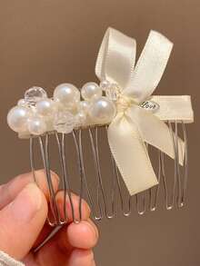 1pc Pearl Bow Hair Comb, Princess Style Voluminous Updo Hair Accessory - Multicolor - View 3