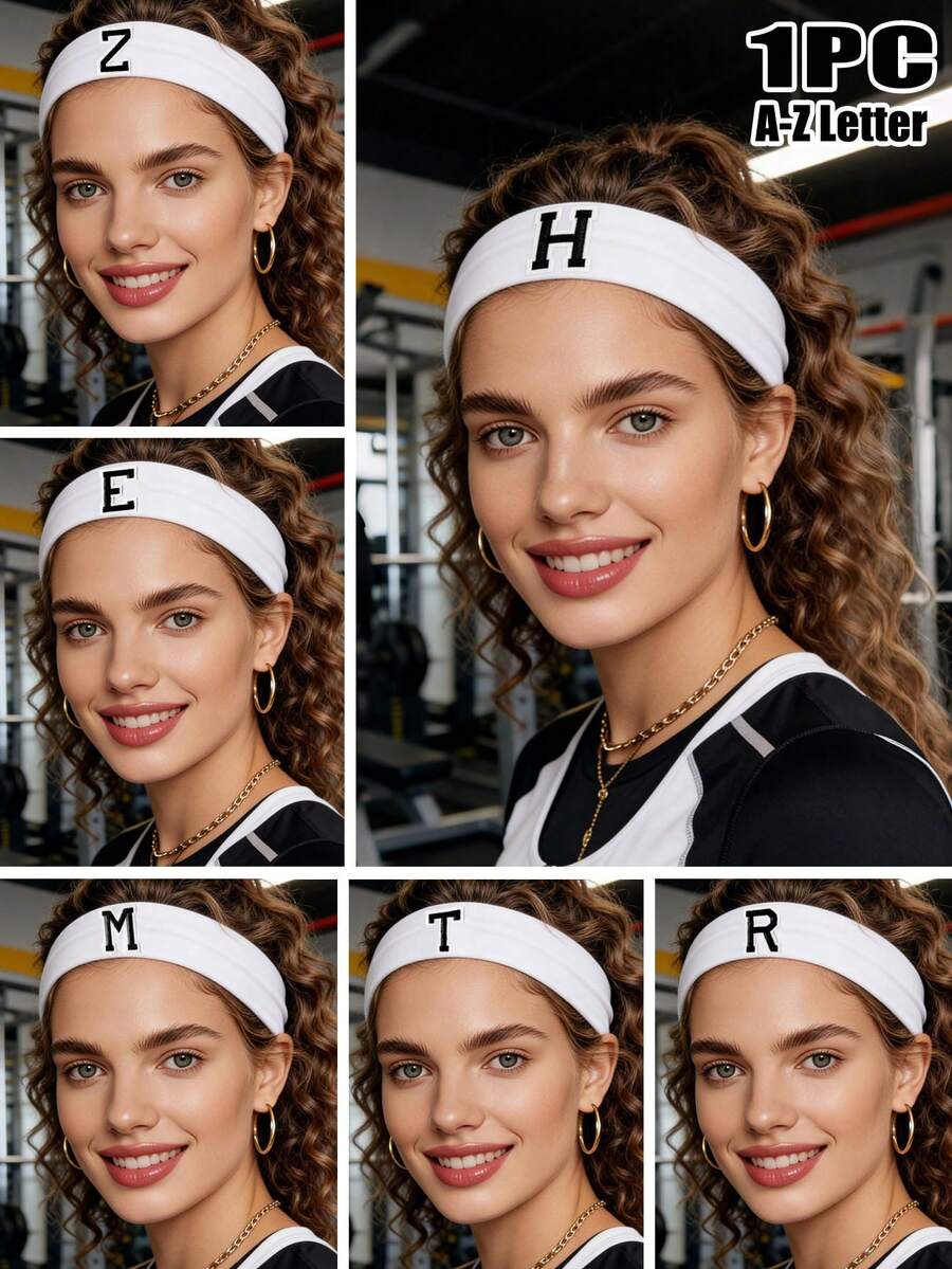 1PC A-Z Letter Custom Monogram Pink Headband For Women, Non-Slip Design Soft Yoga Sweatband, Stylish Women's Hair Bands & Fillet For Workout Beach Accessories Summer Outfits - White - View 1