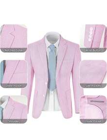 Men's Two-Piece Suit, Seersucker Fabric, Elegant Suit Jacket, Matching Trousers, Casual Business Wedding Suit, Men's Formal Suit, Wedding, Business Caformal Event Attire, Elegant Men's Wear, Exquisite Appearance, High-Quality Seersucker Material - 粉色 - 查看 6