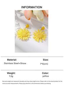 OOQ 1 Pair Handmade Raffia Straw Sunflower Pendant Earrings, Fashionable & Sweet Elegant Beach Holiday Versatile Earrings, Suitable As Gift For Any Occasion (Handcrafted Raffia Weaving, Random Direction And Shape) - Yellow - View 8