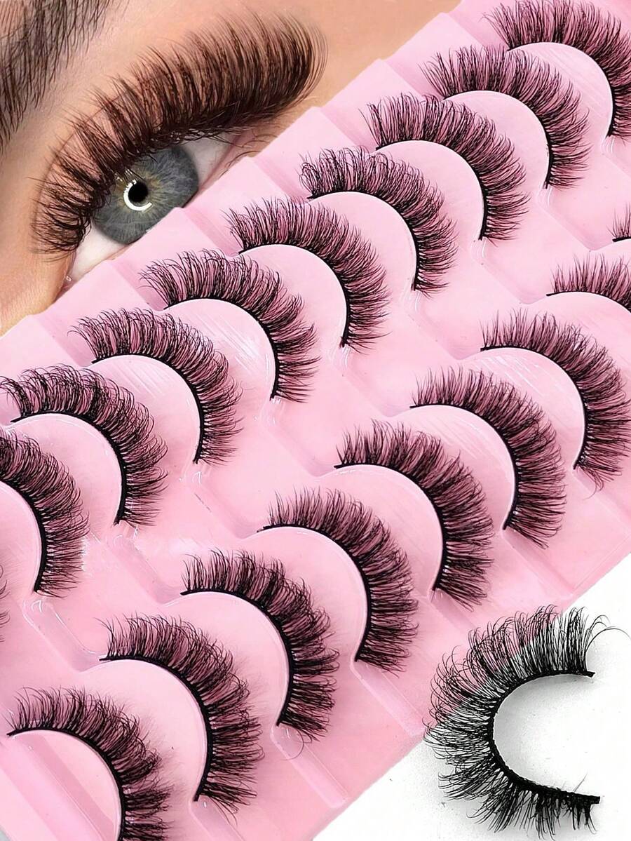 10 Pairs Of 5D Faux Mink Fur Cross-Over Thick, Natural, And Exaggerated False Eyelashes - Black - View 1