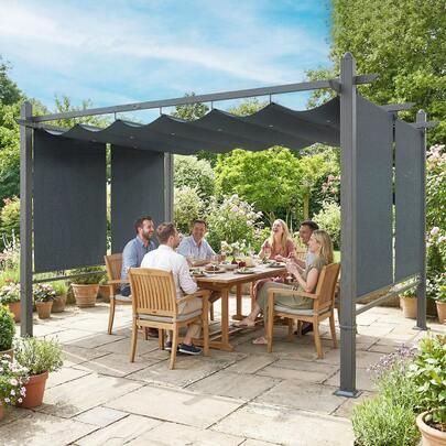  Outsunny Pergola 3 x 4 m Terrassenüberdachung mit Schiebedach, automatisch einziehbaren Rollos, UV50+ Überdachung mit Aluminiumrahmen Drainagelöcher Gartenpavillon Sonnenschutz für Terrasse Garten
