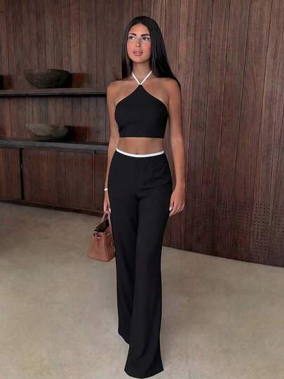 Ladies' Black Halter Bikini Set, Hot Girl Style Sexy Beach Vacation Two Pieces Swimsuit For Spring & Summer 2026, Stunning Alluring Swimwear Perfect For Birthday Outfits, Gym Wear, Elegant Dress Matching, Vacation Looks And Going Out Tops