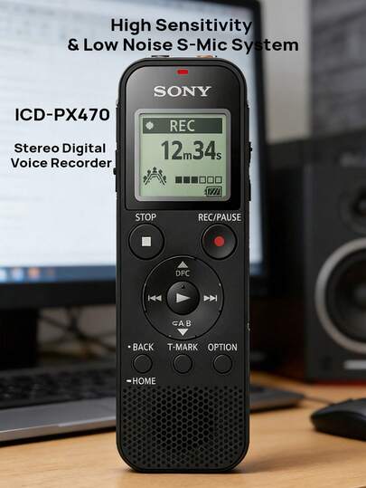 Sony Voice Recorder, 4GB, Black, Intelligent Noise Reduction, Wide Stereo Recording, S-Mic High-Sensitivity Microphone, Supports PCM Linear Recording, Portable For Learning, Business Interviews, And Professional Large-Diameter Speakers.