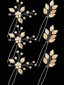 Juego de 6 piezas de pasadores para el cabello de mujer con hojas y flores de aleación dorada para novia, boda, fiesta, verano, playa, festival, cumpleaños - Dorado - Ver 2
