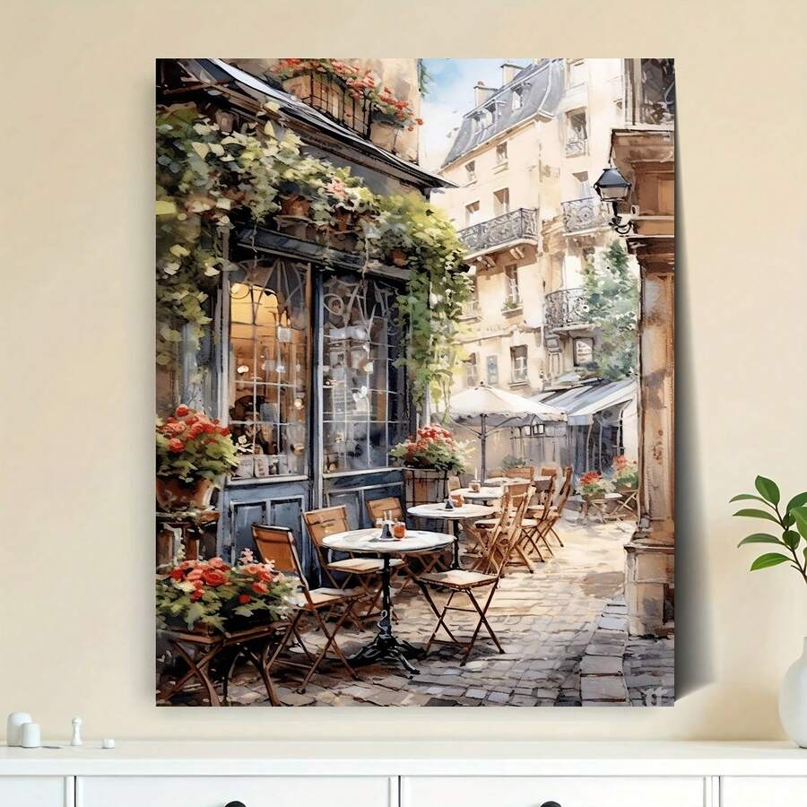 [Plano 2D sin marco][Uso artístico profesional] Kit de pintura acrílica por números para principiantes de 1 set para hacer tú mismo, incluye pinturas acrílicas, lienzo, 3 pinceles e instrucciones, pintura decorativa de paisaje de cafetería de estilo parisino, 40x50cm/15.7x20in sin marco, adecuado - Sin marco - Ver 1