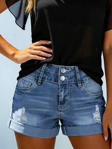 New Women's Two-Button Waist Mid-Rise Slim Fit Washed Denim Shorts - Dark Wash - View 6