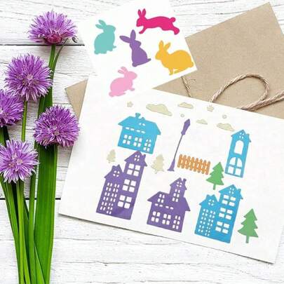 兔子和房屋树切割模具，适用于卡片制作和相册装饰，房屋城市切割模具套装，房屋树模具，模板，压花模板，适用于DIY剪贴簿工艺品