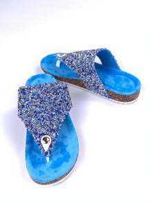 2026 New Spring/Summer Blue Rhinestone Flip Flops, Women's Soft Wood Bottom Thong Sandals, Bling Bling Rhinestone Slippers, Fashionable Outdoor Soft Bottom Beach Shoes, Comfortable Plush Lining Non-Abrasive Plus Size, Shock-Absorbing Thick Bottom, Suitable For Commuting, Home, Beach Vacation, Versatile Casual Sandals - Blue - View 15