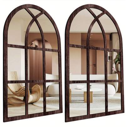 2 chiếc gương treo tường khung gỗ cong kiểu cổ điển mộc mạc - 27x42cm, gương trang trí acrylic hình cửa sổ, thích hợp cho phòng khách, phòng tắm, phòng ngủ và nhà bếp, lý tưởng để trang trí tường lối vào, trang trí phòng khách | Trang trí tường kiểu cổ điển | Gương khung gỗ, trang trí nhà cửa, gương trang trí mô phỏng cửa sổ