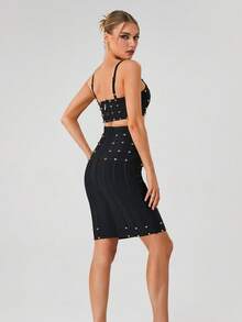 女士吊带两件套铆钉设计绷带连衣裙性感时尚优雅女士显瘦派对夜店连衣裙，适合情人节、万圣节、生日、返校、夜店派对、婚礼等场合。 - 黑色 - 查看 6