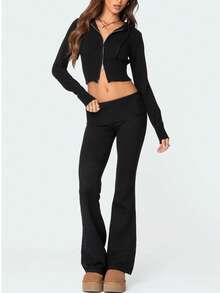 Edikted Women 2 Piece Knit Sets Cropped Zip Up Hoodie Cardigan High Waist Wide Leg Skinny Pants Set - 黑色 - 查看 2