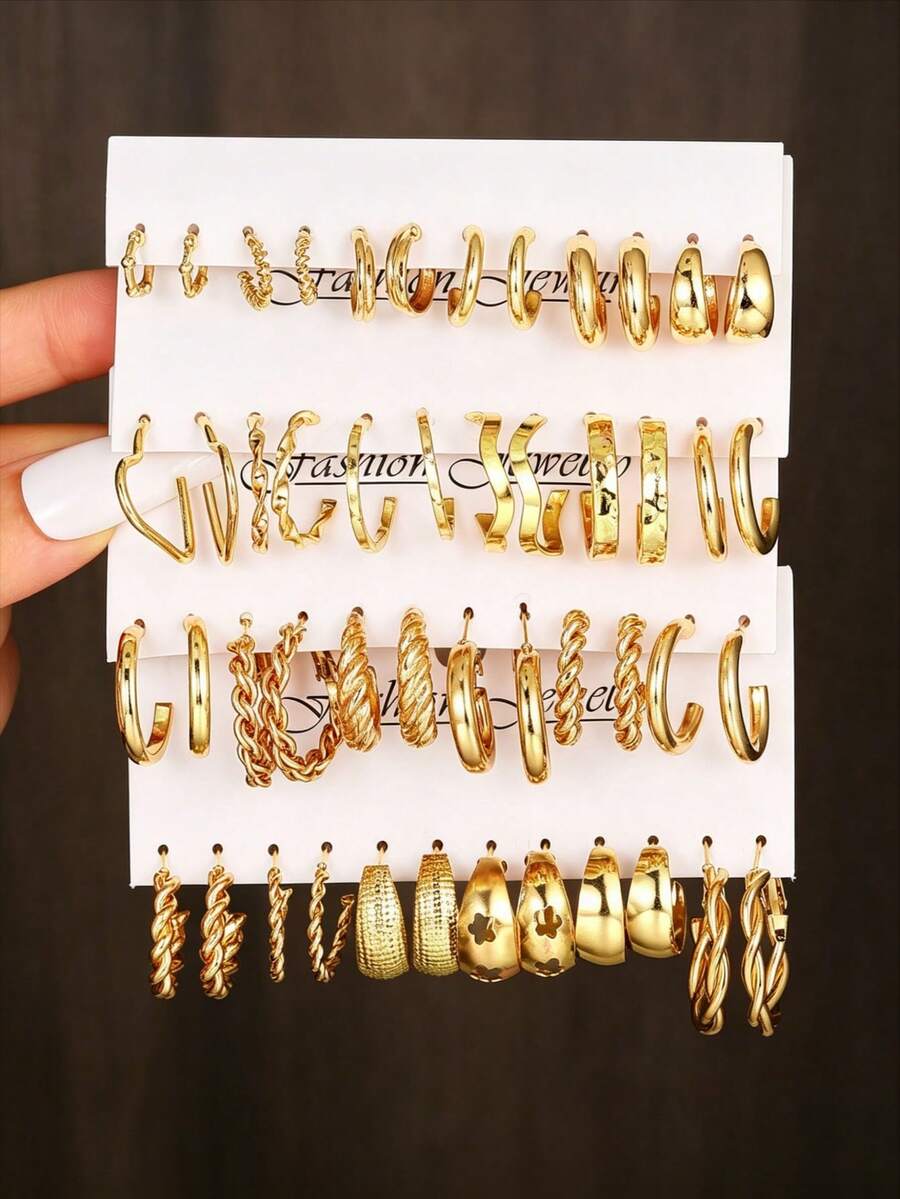 YUNCHUN 24 Pairs Gold Tone Hoop Earrings Set, Thick Twisted Hoops, Geometric Earrings, Suitable For Daily Wear, Party, Gift