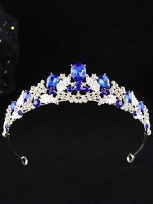 1件巴洛克风格水滴玻璃合金皇冠新娘头饰，节日生日派对成长礼物配饰 - 藍色 - 查看 2