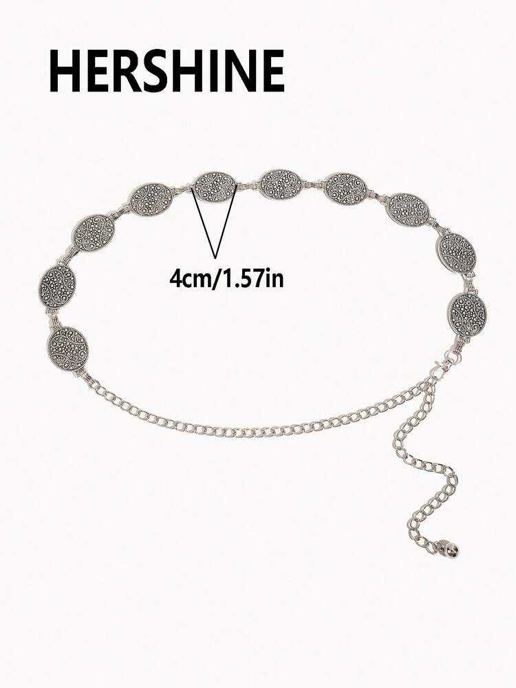 1 pieza Cadena de cintura tallada vintage, cinturón decorado con rhinestones de estilo bohemio, accesorio versátil de cintura para combinar con vestidos, faldas, jeans, adecuado para uso diario, fiestas, vacaciones, eventos formales, accesorios de festival - Cadena para la cintura M1861 de plata con diseño ovalado - Añade 15