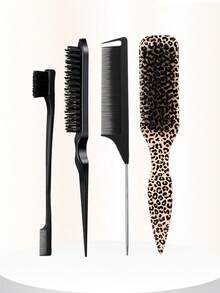 1/2/3/4/5/6/10/11/12件套美发造型工具套装，复古发蜡造型刷，卷发定型刷，（6.8盎司/200毫升）多功能小型高压连续喷雾补水旅行化妆瓶，蓬松发梳，尖尾梳，边缘梳，柔软硅胶头皮按摩刷，打造柔顺发型，返校必备，旅行必备，女士美发配件，梳子，刷子，胡须刷，边缘梳（黄色豹纹系列） - D - 查看 3