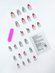 Y2K豹纹3D樱桃红白法式美甲风格24片中号杏仁形假指甲，美甲贴纸，适合任何场合 - 彩色 - 查看 2