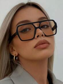 1 pieza Gafas de moda casual con marco de PC de estilo retro de doble puente y estampado de leopardo poligonal para mujer - Multicolor - Ver 1