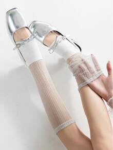 1 Pair Knitted Patchwork Ruffle Leg Warmers, Millennium Lace Versatile School Style Thin Mesh Cute Y2K Japanese Ballet Style Leg Warmers, Suitable For Spring/Summer - Clear - View 3