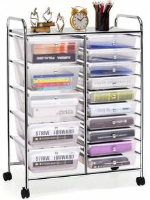 COSTWAY Carrito de almacenamiento con 15 cajones, carrito de utilidad multiusos con ruedas con ruedas bloqueables y cajones extraíbles, organizador móvil de herramientas, papel scrapbook para oficina, escuela y hogar, color Macaron - transparente - Ver 9
