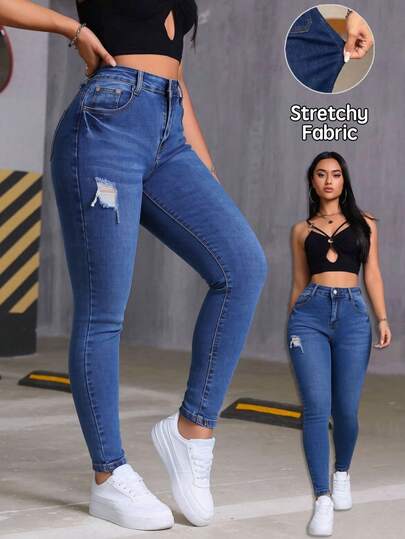Jeans skinny de mezclilla azul oscuro con bolsillos múltiples efecto levantador de glúteos elásticos