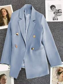 Spring & Summer Women's Solid Long Sleeve Double-Breasted Blazer, Notched Lapels | Ideal For Dates, Parties, Outings & Festive Celebrations - Baby Blue - View 7