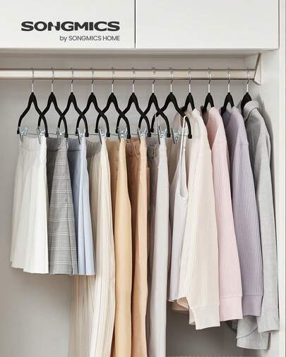 SONGMICS 30-Pack Pants Hangers, 16.7-Inch Long Velvet Trousers Hangers With Adjustable Clips, Heavy-Duty, Non-Slip, Space-Saving For Pants, Coats, Dresses, Tank Tops,Spring,Minimalist,Summer Tops