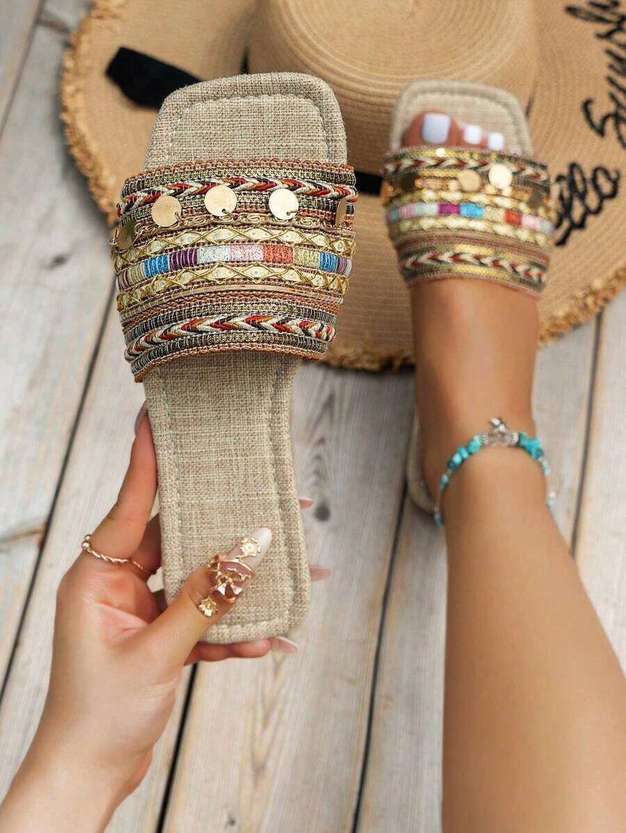 WRCVS Brown Ladies Sandals, Summer Women Flat Slippers, Multi-Color Knitted Tassel Embroidered Flat Sandals, Retro Slippers, Fashion Sexy Chain Decor Beach Shoes, Outdoor Woven Random Slippers - màu xanh lá - Xem 1