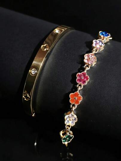 1/2pcs 18K Gold Plated Elegant Stainless Steel Bangle Bracelet With Colorful Crystal Flower Charm, Suitable For Men's Daily Wear, Gift, Hip Hop And Business Jewelry Set