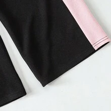 Spring/Summer Girls Casual Cute Colorblock Bow Decor Round Neck Short Sleeve Top & Wide Leg Pants 2 Pieces Set - Black - View 7