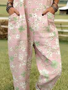 Floral And Clover Print Women's Adjustable Strap Jumpsuit, Polyester Fiber Fabric, Lightweight And Breathable, Women's Clothing, Regular Women's Clothing, Women's Jumpsuits And Rompers, Women's Jumpsuit, Women's Plus Size Jumpsuit - 彩色 - 查看 3