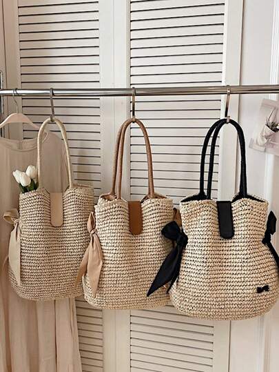 Straw Braid & PU Leather Ribbon Decor Tote Bag, Large Capacity Woven Shoulder Bag, Beach Vacation Picnic Straw Bag, Relaxed Spring/Summer Woven Underarm Tote Bag, Elegant Commute & Date Shoulder Handbag