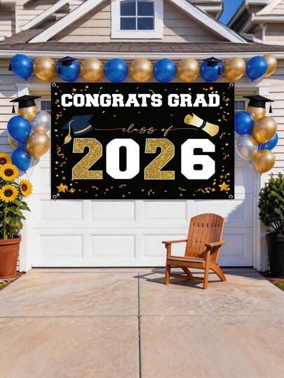 2026 Graduation Banner 70*35 Inch - Large Congratulations Graduates Polyester Fabric Banner, Photo Backdrop And Wall Decor, Suitable For Graduation Ceremony Party Supplies, Black And Gold Graduation Party Decorations, Applicable For High School, College, Nursing And Doctoral Graduation Party Or Celebration, Holiday Porch Decor