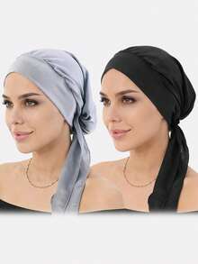 2 piezas Sombreros de ala ancha de mujer de seda sintética elástica, gorros para dormir, sombreros de pirata, sombreros para el cuidado del cabello para uso diario, verano, playa - Multicolor - Ver 7