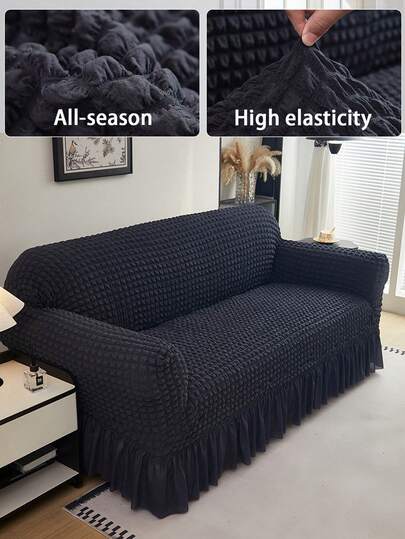 1pc Stretch Bubble Chiffon Sofa Cover, Full Coverage Sofa Slipcover, Dust & Stain Resistant Sofa Protector With Ruffle Skirt, Scratch Resistant Bubble Chiffon Sofa Cover, Cream Vintage Ruffle Bubble Chiffon Sofa Cover, French Retro Sofa Protector, Bubble Chiffon Material, Elastic Band Design, Machine Washable, Pet Friendly Sofa Protector, Fits Single To 4-Seater Sofas, Suitable For Living Room, Bedroom, Dining Area (1pc)