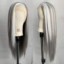 Silver Grey Lace Wig With White Highlights Long Silky Straight Synthetic Lace Front Wig For Women Natural Hairline - Multicolor - View 5