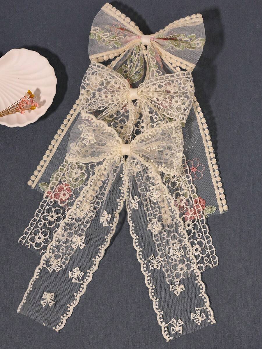 3pcs Beige Lace Bow Barrette Striped Floral (Set), Elegant Palace Style, Made Of Synthetic Fiber, Claw Clips, Hair Slide, Hair Barrettes, Hair Claws - Beige - View 1