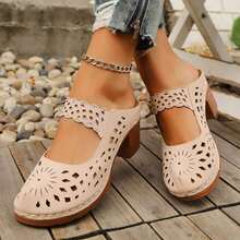 Women's Hollow Out Chunky Heel Mules Slip On Clogs For Beach Vacation Daily Commute Shopping Outdoor Summer Wear Sporty Hollow Out - 卡其色 - 查看 3